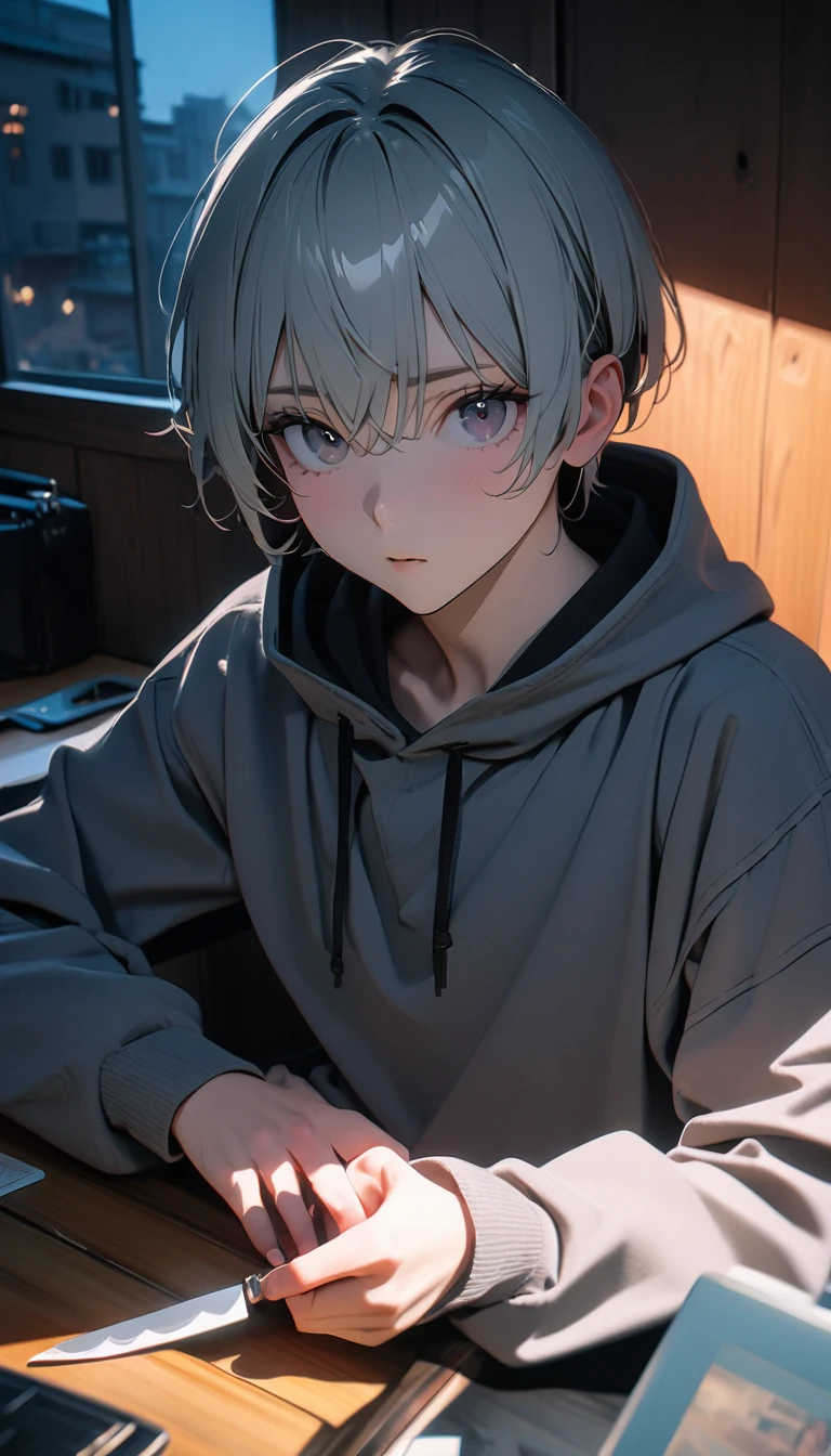 (8K, RAW photos, best quality, masterpiece: 1.4), (((The boy sits at the desk)))，Ultra-high resolution, Extremely detailed, light, Upper body close-up, handsome boy, black eyes, (delicate eyes, Eyes are bright:1.2), Gray short hair, Fair skin,dark, Grey sweatshirt, sweatshirt with hood,(perfect anatomy:1.2), High-quality shadows, Natural Lighting, (White highlights:1.2), night, cloudy day, (at home:1.2), (Boning knife in hand:1.2)