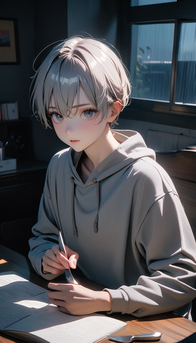 (8K, RAW photos, best quality, masterpiece: 1.4), (((The boy sits at the desk)))，Ultra-high resolution, Extremely detailed, light, Upper body close-up, handsome boy, black eyes, (delicate eyes, Eyes are bright:1.2), Gray short hair, Fair skin,dark, Grey sweatshirt, sweatshirt with hood,(perfect anatomy:1.2), High-quality shadows, Natural Lighting, (White highlights:1.2), night, cloudy day, (at home:1.2), (Boning knife in hand:1.2)
