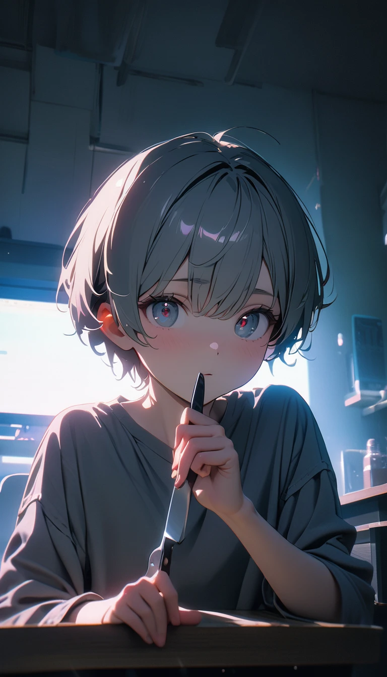 (8K, RAW photos, best quality, masterpiece: 1.4), (((The boy sits at the desk))),Ultra-high resolution, Extremely detailed, light, Upper body close-up, handsome boy, black eyes, (delicate eyes, Eyes are bright:1.2), Gray short hair, Fair skin,dark, Grey sweatshirt, sweatshirt with hood,(perfect anatomy:1.2), High-quality shadows, Natural Lighting, (White highlights:1.2), night, cloudy day, (at home:1.2), (Boning knife in hand:1.2)