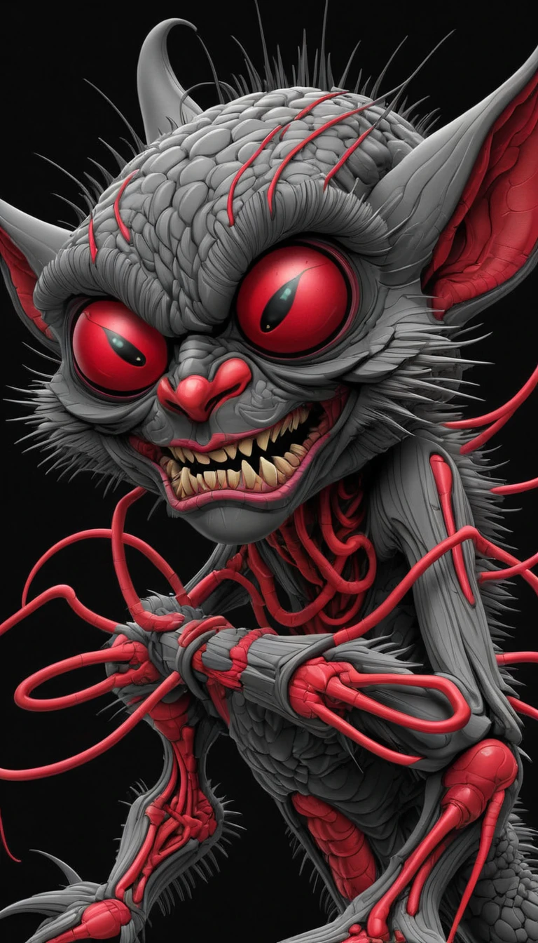 Gremlin, highly detailed mattepainting in a microscopic surface, style of grid electron microscope, neuronal, shiny black and red
