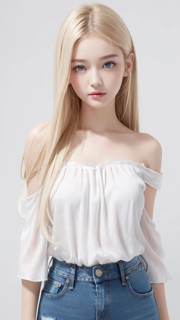 (((Blonde、forehead、long hair、White background、dress、Russia、Northern Europe、シンプルなWhite background)))、masterpiece, Highest quality, 8k,, 20th Generation, (Large Breasts:1.2), Background is white, cute, alone, sad, close, cute, Girlish, Delicate girl, Pure beauty, RAW Photos, Professional photography, Portraiture, Professional Lighting, Upper Body, Sophisticated, (Eye and facial details:1.0) , Beautiful, flowing hair,blouse,
