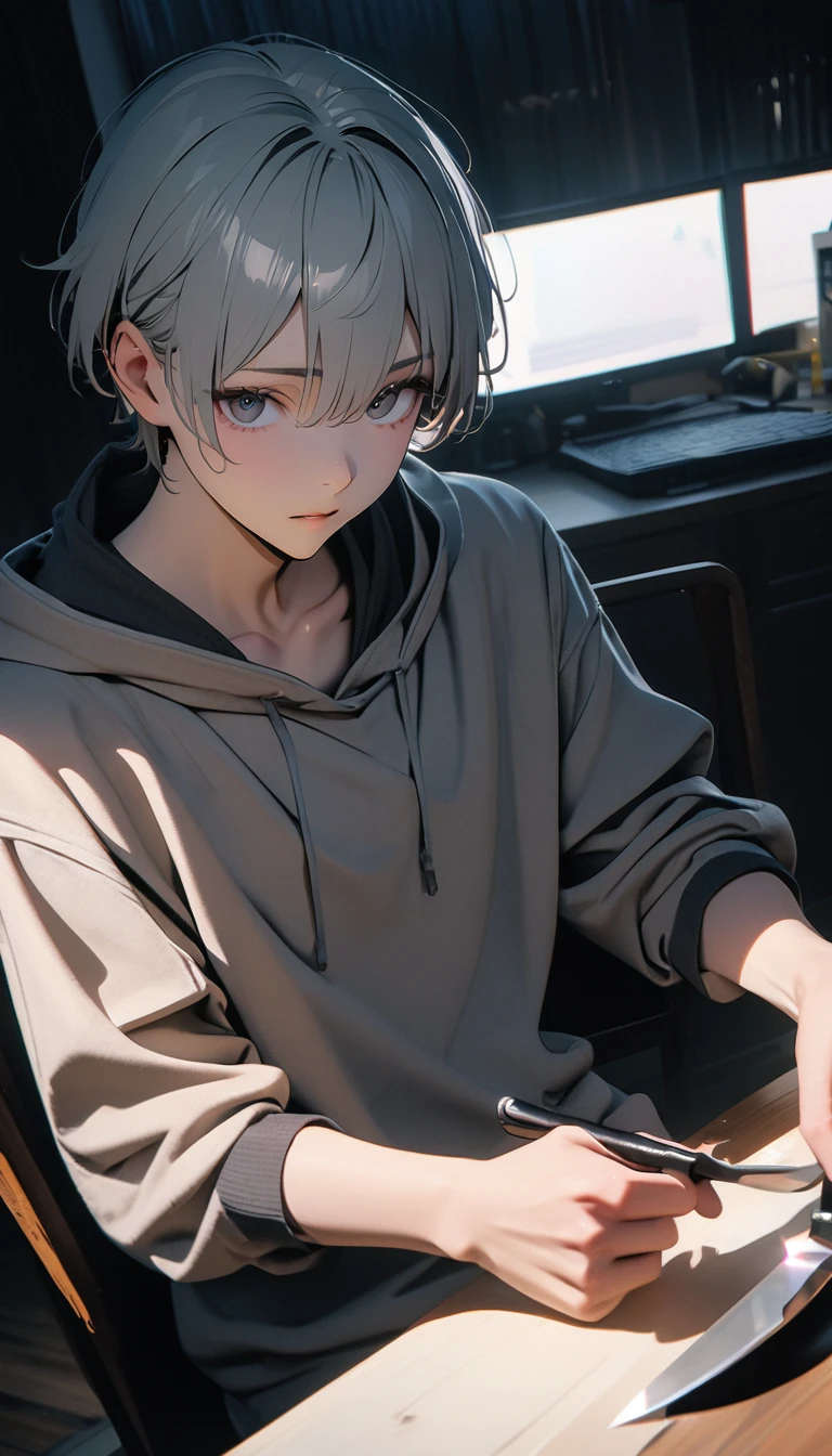(8K, RAW photos, best quality, masterpiece: 1.4), (((The boy sits at the desk))),Ultra-high resolution, Extremely detailed, light, Upper body close-up, handsome boy, black eyes, (delicate eyes, Eyes are bright:1.2), Gray short hair, Fair skin,dark, Grey sweatshirt, sweatshirt with hood,(perfect anatomy:1.2), High-quality shadows, Natural Lighting, (White highlights:1.2), night, cloudy day, (at home:1.2), (Boning knife in hand:1.2)