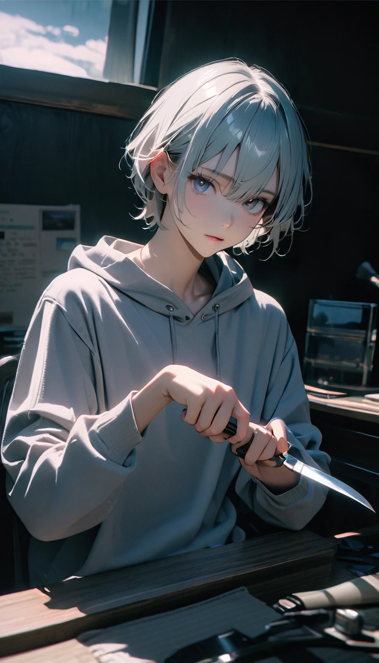 (8K, RAW photos, best quality, masterpiece: 1.4), (((The boy sits at the desk))),Ultra-high resolution, Extremely detailed, light, Upper body close-up, handsome boy, black eyes, (delicate eyes, Eyes are bright:1.2), Gray short hair, Fair skin,dark, Grey sweatshirt, sweatshirt with hood,(perfect anatomy:1.2), High-quality shadows, Natural Lighting, (White highlights:1.2), night, cloudy day, (at home:1.2), (Boning knife in hand:1.2)