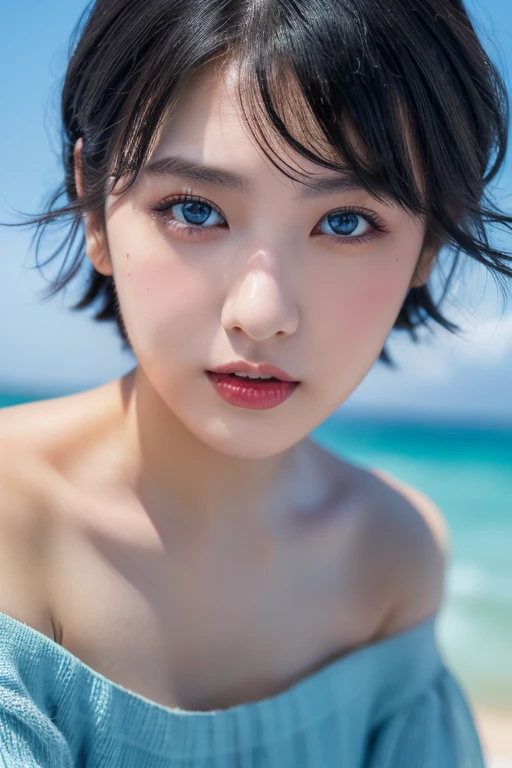 (award winning, 8k, super detailed, high resolution, best quality, photography, portrait), 1girl, solo, beautiful girl, beautiful eyes, detailed eyes, ((black eye)), light blue dress, short hair, black hair, off shoulder ocean background, POV, pretty lipstick.