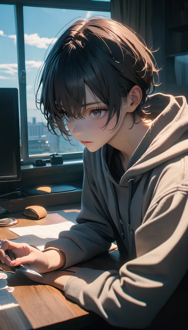 (8K, RAW photos, best quality, masterpiece: 1.4), (((The boy sits at the desk))),Ultra-high resolution, Extremely detailed, light, Upper body close-up, handsome boy, black eyes, (delicate eyes, Eyes are bright:1.2), Gray short hair, Fair skin,dark, Grey sweatshirt, sweatshirt with hood,(perfect ???????:1.2), High-quality shadows, Natural Lighting, (White highlights:1.2), night, cloudy day, (at home:1.2), (Boning knife in hand:1.2)