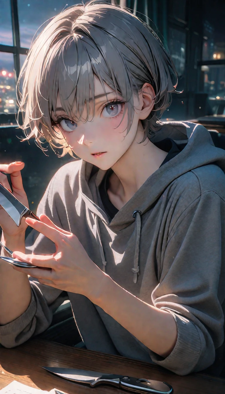 (8K, RAW photos, best quality, masterpiece: 1.4), (((The boy sits at the desk))),Ultra-high resolution, Extremely detailed, light, Upper body close-up, handsome boy, black eyes, (delicate eyes, Eyes are bright:1.2), Gray short hair, Fair skin,dark, Grey sweatshirt, sweatshirt with hood,(perfect anatomy:1.2), High-quality shadows, Natural Lighting, (White highlights:1.2), night, cloudy day, (at home:1.2), (Boning knife in hand:1.2)