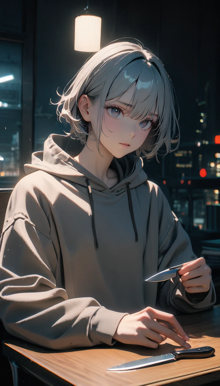 (8K, RAW photos, best quality, masterpiece: 1.4), (((The boy sits at the desk))),Ultra-high resolution, Extremely detailed, light, Upper body close-up, handsome boy, black eyes, (delicate eyes, Eyes are bright:1.2), Gray short hair, Fair skin,dark, Grey sweatshirt, sweatshirt with hood,(perfect anatomy:1.2), High-quality shadows, Natural Lighting, (White highlights:1.2), night, cloudy day, (at home:1.2), (Boning knife in hand:1.2)
