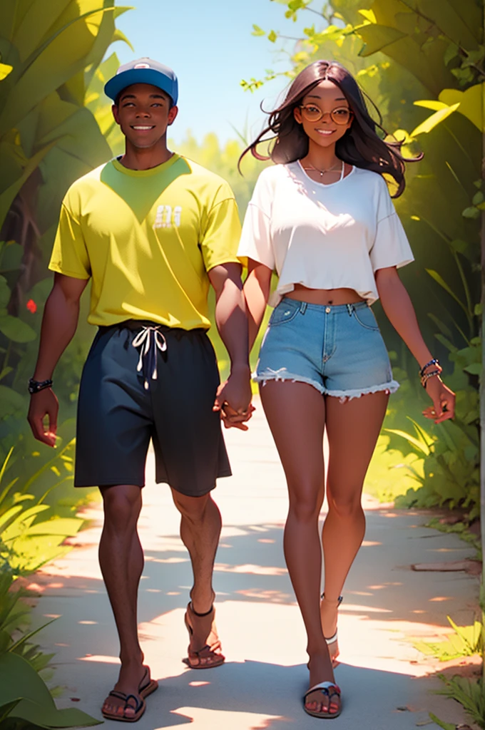 young woman in shorts, casual, modest, with her husband in shorts, holding hands, bbq, summer, outdoors,