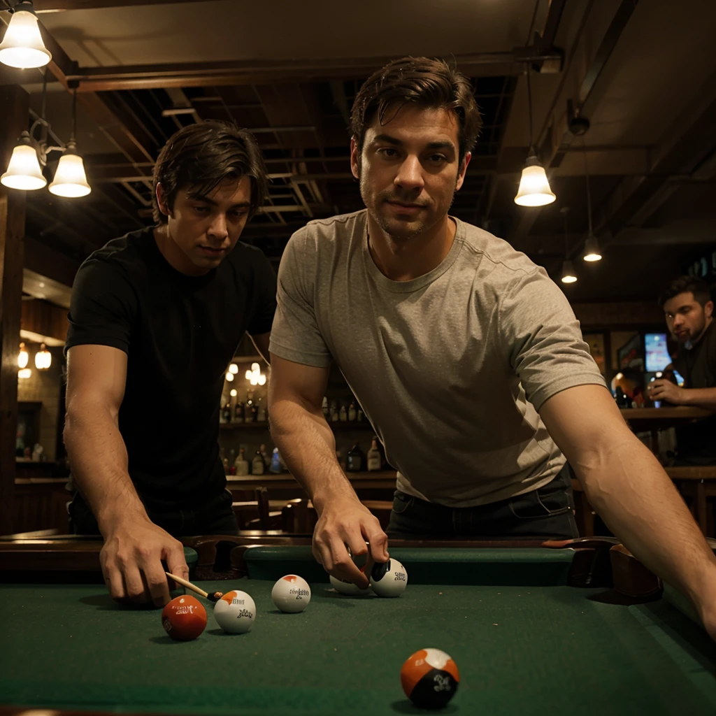 a man in a bar playing pool with friends