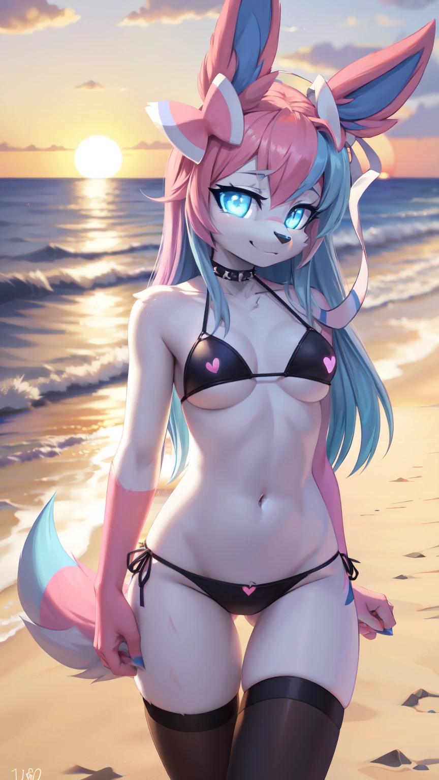 best quality,best resolution,(fluffy anthro furry :1.3),Sylveon,cyan eyes,glowing eyes,neon eyes,glistering eyes,medium breasts,beach,eye close,looking at viewer,front view,Sylveon,teenager (18 years old),long hair,(punk),heart-shaped choker,multicolored hair,pink bikini,full body,sunset,standing,(from behind,butt,butt focus)