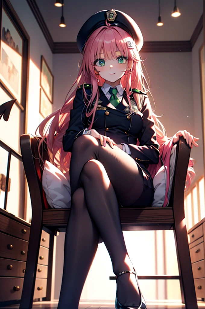 Lara Deviluke, Lara Deviluke, Long Hair, Pink Hair, tail, Ahoge, bangs, hair ornaments, (Green Eyes:1.5), smile,blush,Open your mouth,demon tail,Police hat with black rimmed glasses,Sexy police uniform,Black pencil skirt, black pantyhose,Stiletto heels,sitting cross-legged on a chair,There is food on the table,interior,whole bodyがイラストに入るように,
break outdoors, office
break looking at viewer,whole body,
break (masterpiece:1.2), Highest quality, High resolution, unity 8k w全てpaper, (shape:0.8), (beautiful detailed eyes:1.6), extremely detailed face, Perfect lighting, extremely detailed CG, (Perfect hands, Perfect Anatomy),