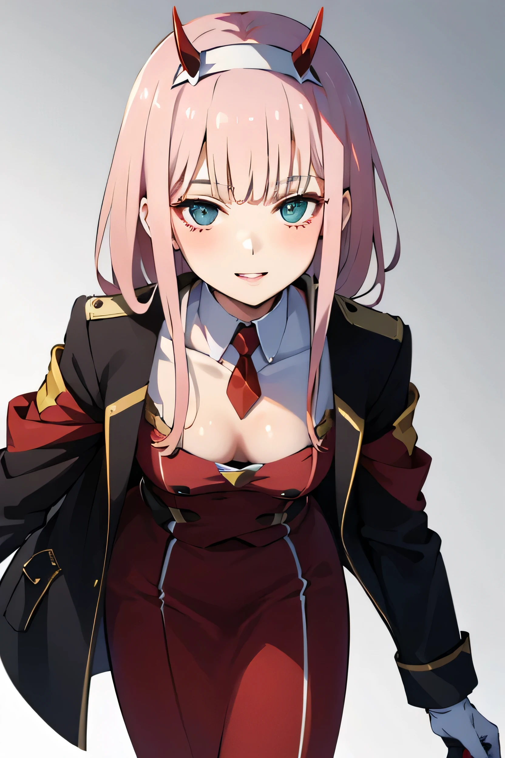 (Anime Style),masterpiece, Highest quality, Super detailed, Cowboy Shot,Zero Two,Long-haired,head band,horn,Red Hill,((Gradient Hair)),Variegated eyes, Gradient Eye, (Shining Eyes:1.1), mascara, (Fashion Makeup), Part your lips,gloves, Long sleeve, headgear,Jacket,tie,White gloves, uniform, soldier, military uniform,Red dress,Take off your hat.,Take off your hat.,Holdings is,短いtie, オレンジ色のtie,Complex background,((Highly detailed background)), Seductive posture, ((Wallpaper 10)) ,Cleavage, Medium Chest, Take my breast off, Captivating smile, (blush:1.1), Leaning forward,