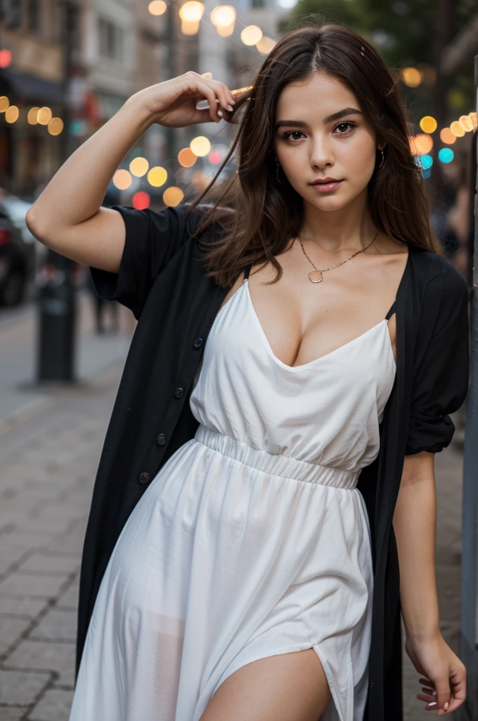 1girl in, age 25, Square face, Long hair, Looking at Viewer, jewelry, Realistic, A sexy, Maxi dress outfits, multicolored outfits, Bokeh lights background, sleep pose