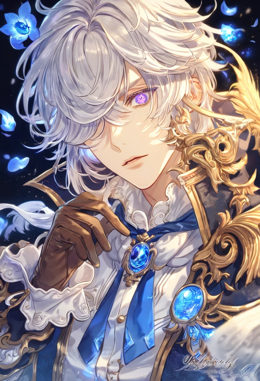 Ultra detailed, highres, absurdres, HDR, master piece, lag Seeing, messy white hair, short hair, expressive purple eye, hair falls over his right eye, Tegami Bachi, blue petals, white scarf, sexy man, solo, best quality, blue flowers, blue shining fireflies, handsome, fantasy, magical, brown gloves, blue moon, blue cropped jacket with white patters, blue necktie, white shirt