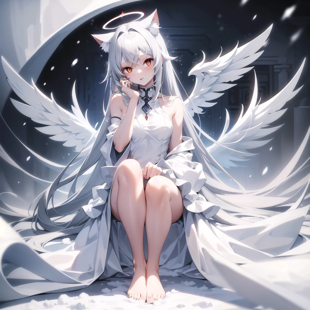 masterpiece, highest quality, highest resolution, clear_image, detailed details, White hair, long hair, cat ears, one girl, red eyes, naked, gray futuristic halo (gray halo over the head), white wings (4 wings), cute, full body, no water marks, snow (falling snow)