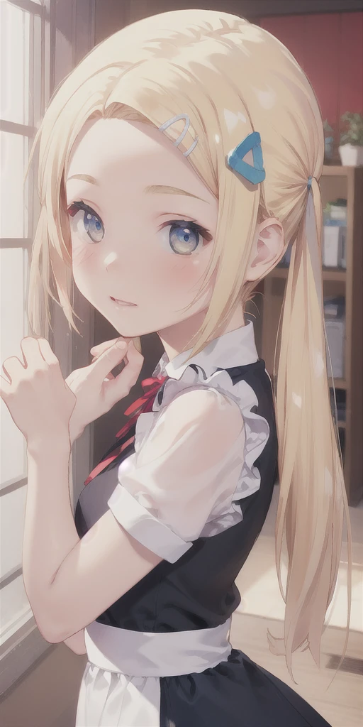 (masterpiece,ultra-detailed,best quality,8K,CG,realistic,illustration:1.2),(perfect-composition,detailed beautiful face,Clean skin,photographical skin,shiny skin,shiny hair, photographical hair,ultra detailed eyes,shaved,kawaii,uncensored:1.0),(petite girl:1.5), yuzuhaho,yellow hair,twin tail,long hair,hairclip, hair ornament,maid uniform,mini skirt,