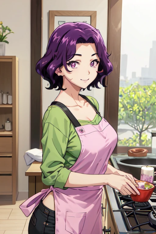 (best quality), (masterpiece), azusa_hamaoka, short hair, purple hair, purple eyes, large breasts, green shirt, collarbone, apron, kitchen, looking at viewer, smiling, upper body, 