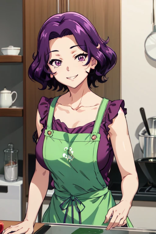 (best quality), (masterpiece), azusa_hamaoka, short hair, purple hair, purple eyes, large breasts, green shirt, collarbone, apron, kitchen, looking at viewer, smiling, upper body, 