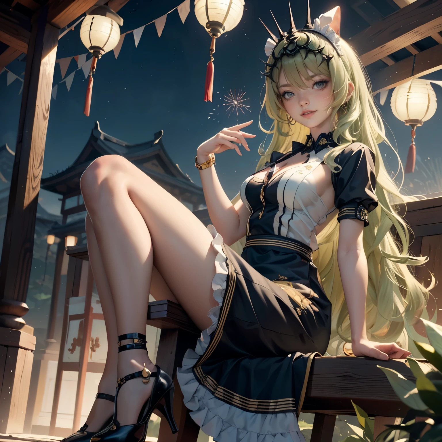 Mobius_(honkai impact 3d), ornament hair, perfectly body, perfectly hands, wave hair, light green hair, long hair, maid, maid dress, maid headdress, maid apron, garden, temple, shrine, outside, Chinese festival scenery, gold lantern, Chinese lantern, fireworks, black dress, more details on her clothes, black dress, golden details, night, smiling, ((4k, masterpiece, top-quality)),8k, best quality, high resolution, HD, (illustration:0.8), super cute girl, delicate and beautiful face, 1girl, solo, mature girl, super cute hairstyle, (beautiful detailed eyes:1.6), extremely detailed face, perfect lighting, extremely detailed CG, (perfect hands, perfect anatomy), Best quality, cleavage, skirt, full Body,