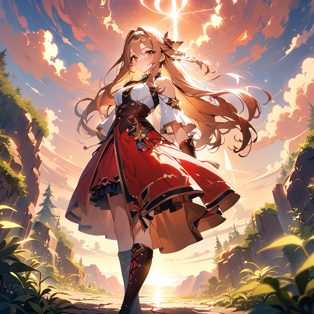 Liza (Lizalin Stout), Claudia Walents, (masterpiece: 2), Highest quality, Ultra-high resolution, original, Very detailed, Perfect lighting, (Anime Style), (Fantasy Setting), (Vibrant colors), (Dynamic pose), (Detailed Background), (Soft Light), (Warm atmosphere), (Adventure Theme), (Close friendship), (Bright expression), (Attention to detail in the costumes), (Lush greenery), (Sunset lighting)