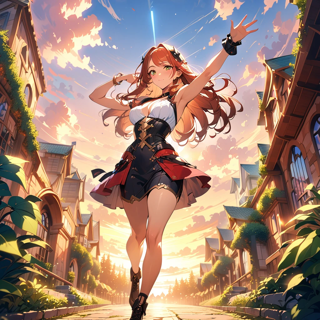 Liza (Lizalin Stout), Claudia Walents, (masterpiece: 2), Highest quality, Ultra-high resolution, original, Very detailed, Perfect lighting, (Anime Style), (Fantasy Setting), (Vibrant colors), (Dynamic pose), (Detailed Background), (Soft Light), (Warm atmosphere), (Adventure Theme), (Close friendship), (Bright expression), (Attention to detail in the costumes), (Lush greenery), (Sunset lighting)