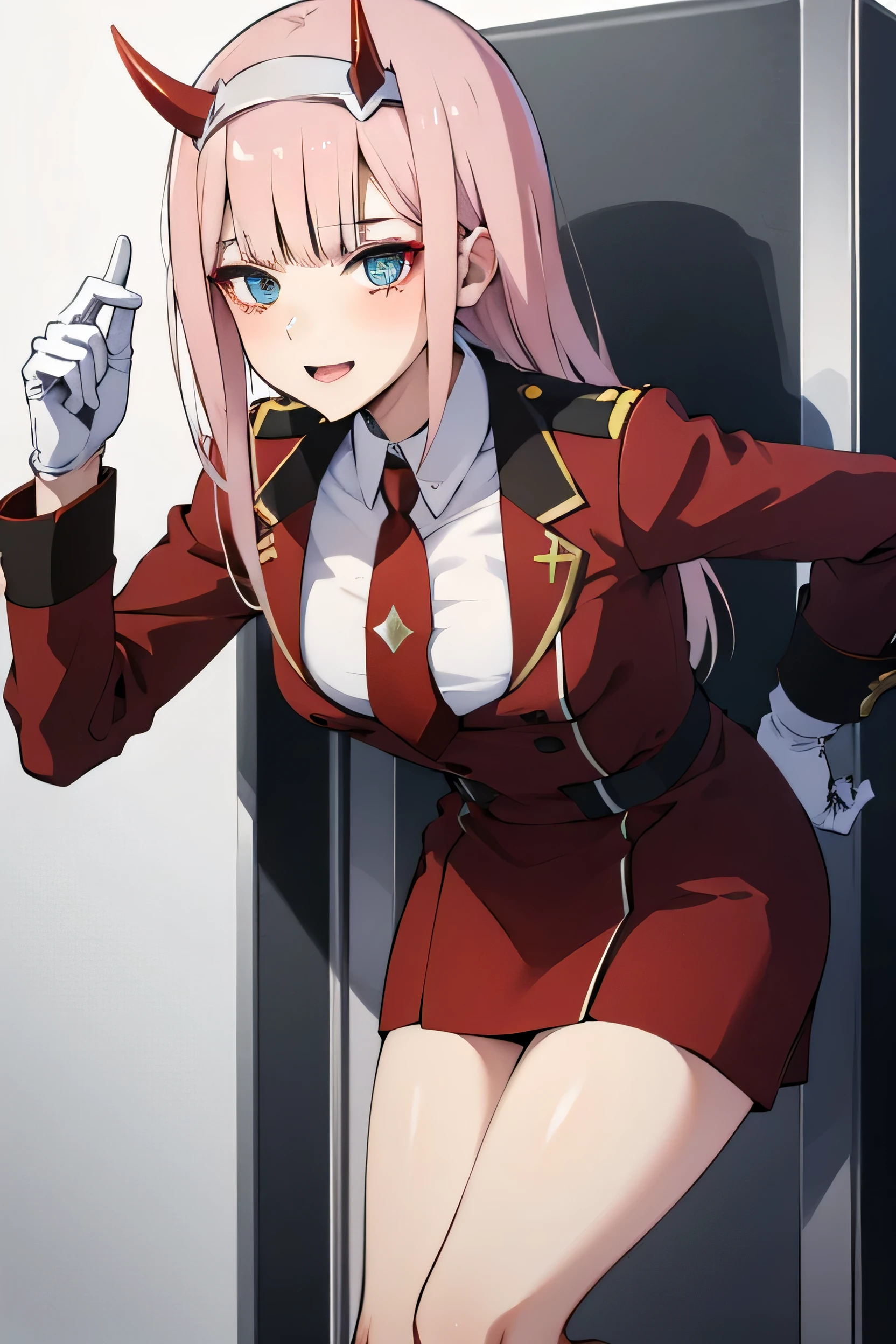 (Anime Style),masterpiece, Highest quality, Super detailed, Cowboy Shot,Zero Two,Long-haired,head band,horn,Red Hill,((Gradient Hair)),Variegated eyes, Gradient Eye, (Shining Eyes:1.1), mascara, (Fashion Makeup), Part your lips,gloves, Long sleeve, headgear, Red jacket, Open jacket, military uniform, tie,White gloves, uniform, soldier, military uniform,Red dress,Take off your hat.,Take off your hat.,Holdings is,短いtie, オレンジ色のtie,Complex background,garden, blue sky, ((Highly detailed background)), Seductive posture, ((Wallpaper 10)) ,Cleavage, Medium Chest, Take my breast off, Captivating smile, (blush:1.1), Leaning forward,