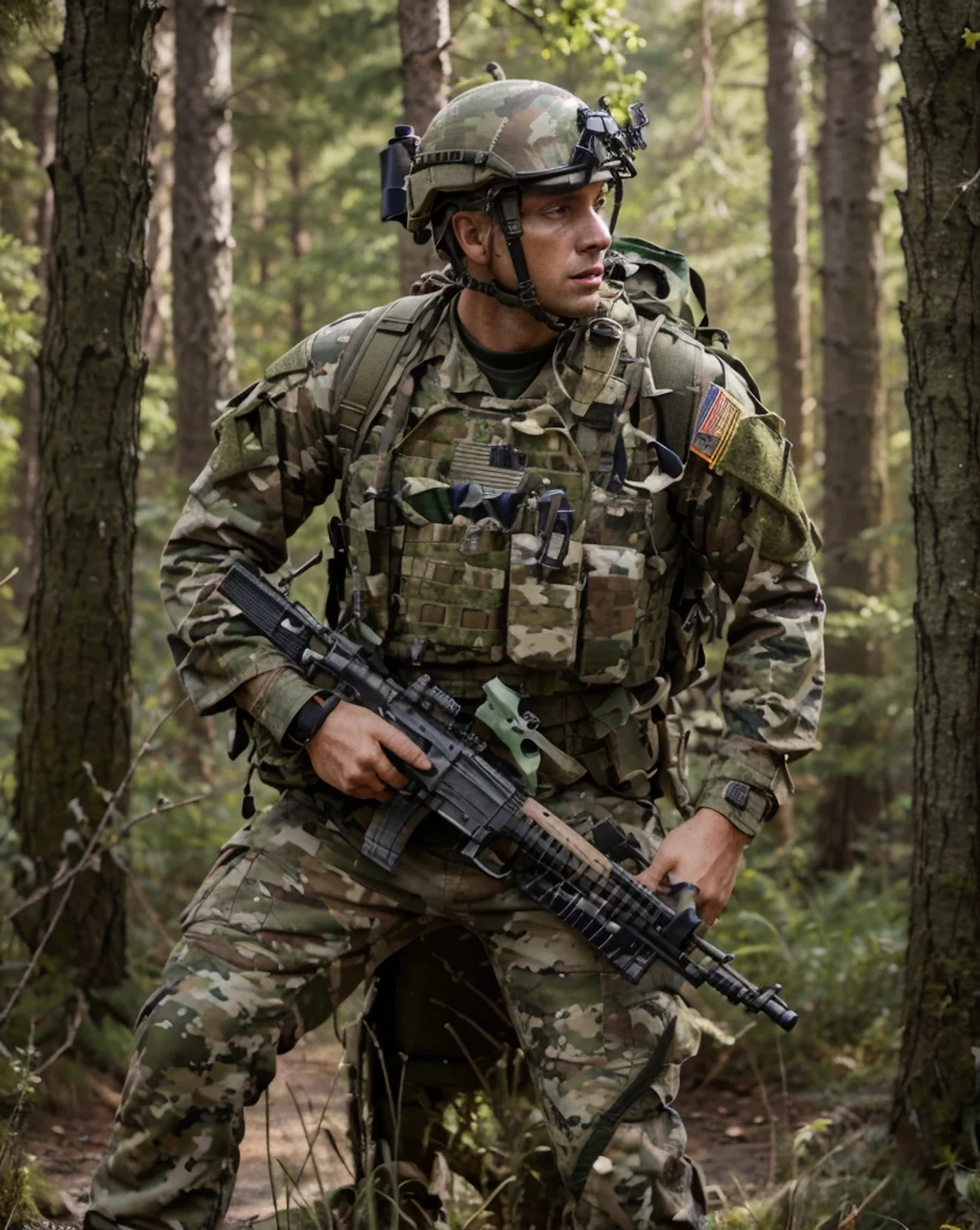 male soldier, military helmet, wears camouflage paint on his face, blue and green camouflage military uniform, bulletproof vest, light armor, black military boots, gloved hands, holds a rifle, Belt with ammunition, is in a hyper-realistic Norwegian forest , hyperrealistic, 4k, Ultra detailed image, realistic, Highly detailed, perfect composition, gorgeous, Intricately detailed, incredibly detailed, Art photography 8K, hyper detailed, Masterpiece, Ultra detailed, hyper realistic, 4k, Ultra detailed image, realistic, Highly detailed , perfect composition, beautiful, intricately detailed, incredibly detailed, art photography 8k, hyper detailed, masterpiece