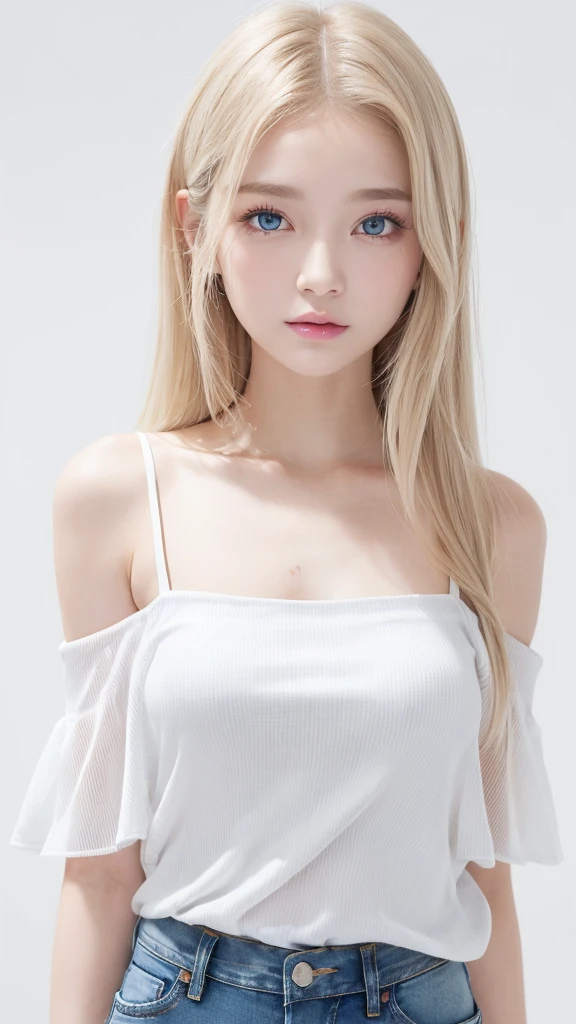 (((Tank top、Off-the-shoulder blouse、jeans、White background)))、forehead、Northern Europe、Russia、beautiful girl、Platinum Blonde Hair、Straight long hair、Hitting the face and front of the eyes、Big blue eyes、Sheer white and wet nightgown、Northern Europeの若者、Perfect body、White tendons、Glowing Skin、Young and beautiful skin、A perfect and beautiful little face、Bright makeup、Pale pink lips、Bright expression、-yeld gilipstick、Deceptive advertising、Viewer&#39;s vision、Golden Hour Lighting、Bokeh Atmosphere Perspective、detailed、Movie Light、複雑なdetailed、High resolution、 フェイスデザインのdetailedな特徴、Attention to detail、Clear focus、Smoothness、aesthetics、Printed、Octane、{{masterpiece}}