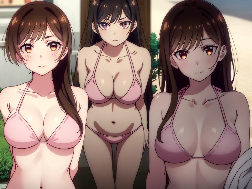 mizuharachizuru, chizuru ichinose, long hair, bangs, brown hair, (brown eyes:1.5), one side up, smile, large breasts, pairing a character with their own self, lineup
BREAK navel, cleavage, collarbone, swimsuit, bikini, side-tie bikini bottom, (pink bikini:1.5),
BREAK outdoors, beach,
BREAK looking at viewer,
BREAK (masterpiece:1.2), best quality, high resolution, unity 8k wallpaper, (illustration:0.8), (beautiful detailed eyes:1.6), extremely detailed face, perfect lighting, extremely detailed CG, (perfect hands, perfect anatomy), full body, sexy body, seductive appearance and posture