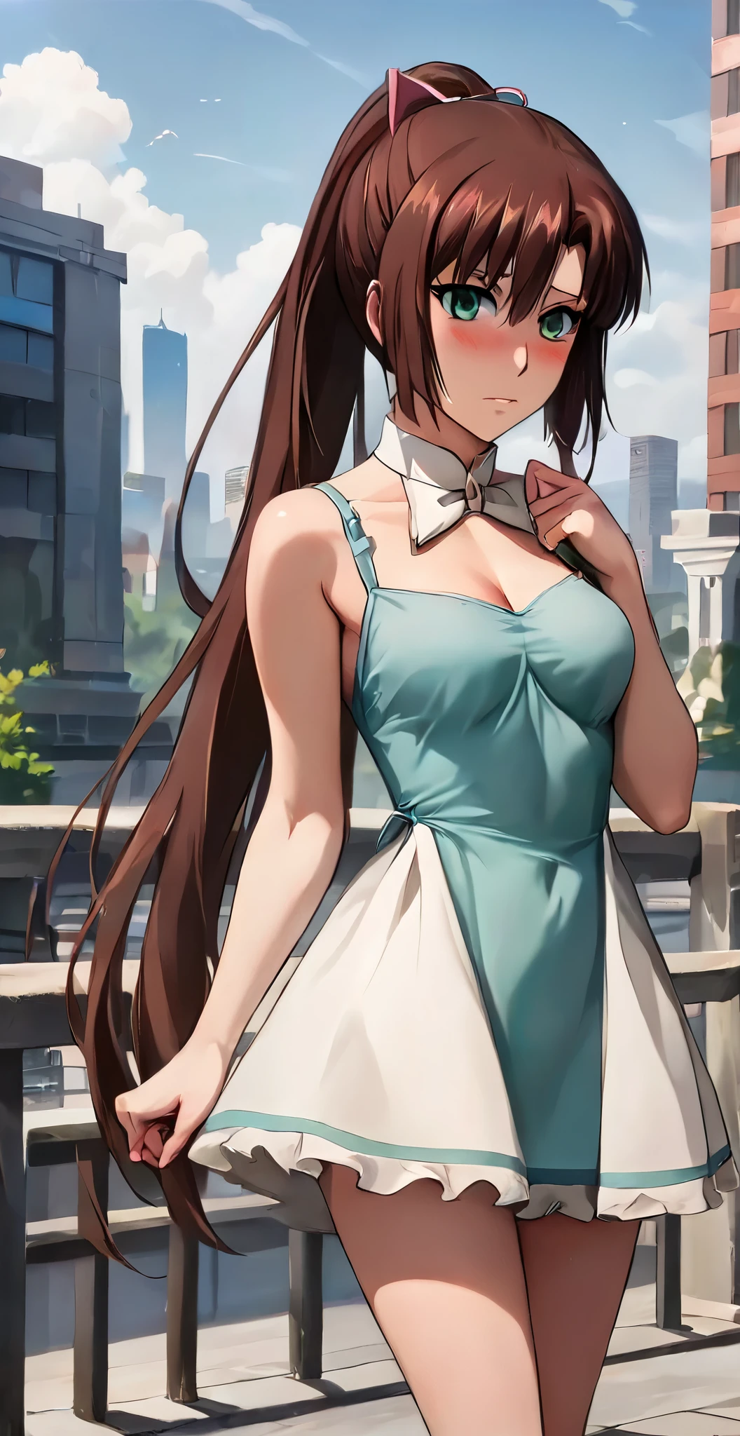 score_9, score_8_up, score_7_up, masterpiece, best quality, 1girl, sayaka kirasaka, source_anime, , standing, outdoors, posing, city, arched back, medium breasts, healthy skin, blushed, dress 