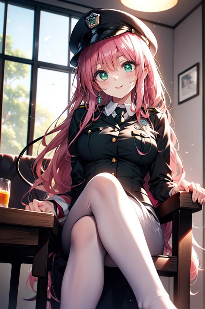 Lara Deviluke, Lara Deviluke, Long Hair, Pink Hair, tail, Ahoge, bangs, hair ornaments, (Green Eyes:1.5), smile,blush,Open your mouth,demon tail,Police hat with black rimmed glasses,Sexy police uniform,Black pencil skirt, black pantyhose,Stiletto heels,sitting cross-legged on a chair,There is food on the table,interior,whole bodyがイラストに入るように,
break outdoors, office
break looking at viewer,whole body,
break (masterpiece:1.2), Highest quality, High resolution, unity 8k w全てpaper, (shape:0.8), (beautiful detailed eyes:1.6), extremely detailed face, Perfect lighting, extremely detailed CG, (Perfect hands, Perfect Anatomy),
