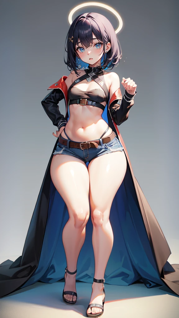 blank background, (((full body))), (masterpiece), ((best quality)), (very short girl), ((flat chest)), hair over one eye, (wide hips:1.4), ((thick thighs:1.4)), (blue jeans), sandals, belt below navel, fanny packs, ginger hair, from behind