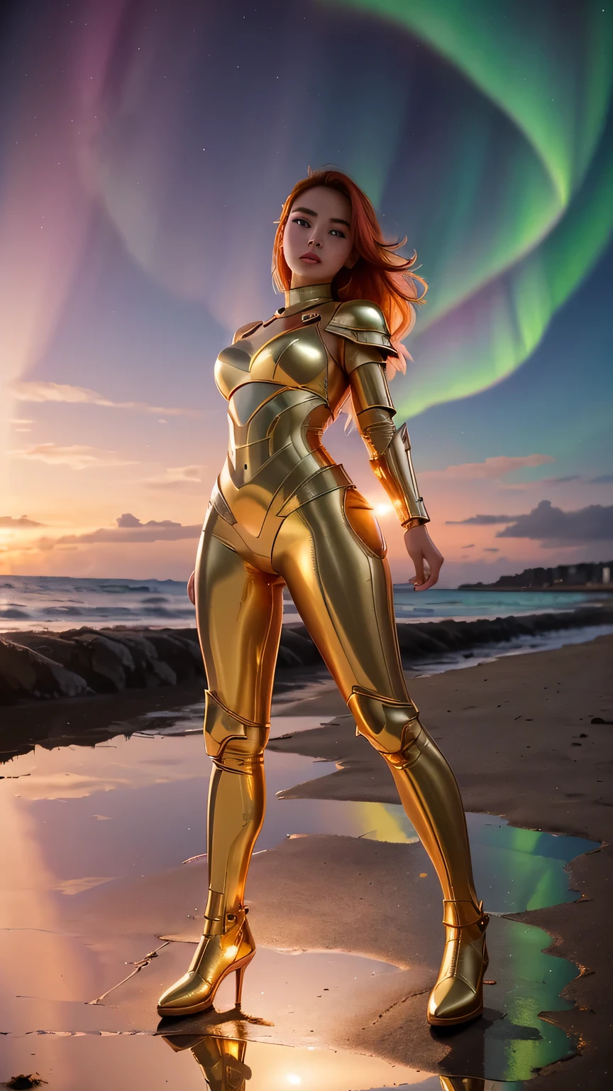 ((best quality)), ((masterpiece)), (ultra detailed lights), ((full body shot)), indonesian girl, extremely beautiful, ultra face details, 20 years old, ((orange curvy-hair)), ((hair blown by strong winds :1.3)), ((Award-winning photograph)), photography of a teen girl, slim face, extremely beautiful, ultra details skin, crisp picture, ((full make ups)), eyelashes, eyeshadow, gold retina, perfect eyes, ((pink blushing)), ((red lips)), ((wearing tight gold armor)), ((full body armor)), ((tight latex panty)), ((extreme armor reflection render)), no head cover, ((symmetrical body pose)), model posing in the middle, morning at beaAch, sun lights reflection, red clouds, nebula, ((aurora Borealis)), shooting stars, from below