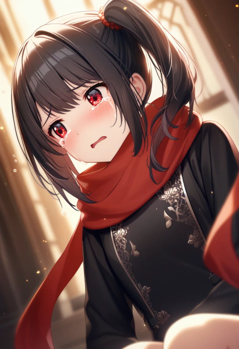1girl yan \(nicknikg\), official art, sitting, crying, tears streaming, black coat, red scarf, black hair, side_ponytail, red eyes, (very aesthetic, best quality, ultra detailed), intricate details, highres, indoors, light particles, close-up, blurry background,, low angle, cinematic angle, cowboy shot, emotional, delicate features
