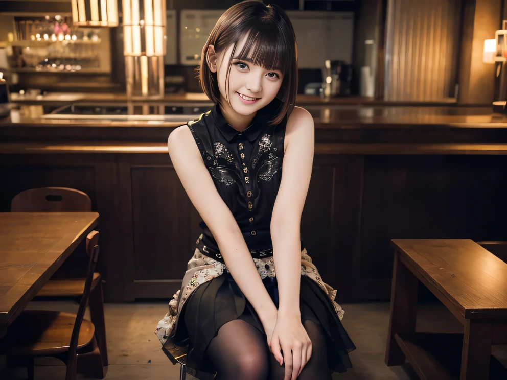 (8K, RAW Photos:1.2), Detailed face and eyes,最high quality, Ultra-high resolution, Very detailed ,Intricate details ,Tabletop ,pretty girl ,Round eyes、 Soft cinematic light, Hyper Detail,Sharp focus, high quality, Brown Hair,((Bobcut))、(Straight bangs)、City of night、Night view、 ((Black Tank Top))、(Black pleated skirt)、”dwarf”、(Full Body Shot)、Waist、(I can see your thighs)、Cowboy Shot、 smile、Floral clothes、Silk clothing、Silk luster、