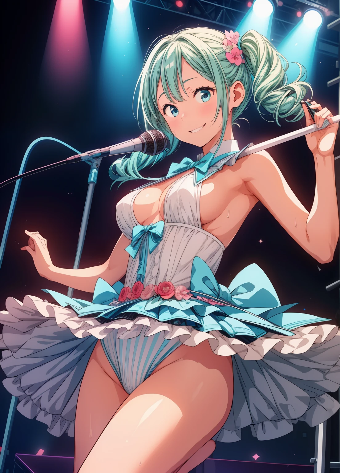 (masterpiece、Highest quality、Highest quality、Official Art、Beautiful and beautiful:1.2)、(One girl:1.3)Hatsune Miku、Twin tails,Beautiful breasts,8K, Highest quality, High resolution, Realistic, Real person, A live stage attracting a large audience, One Girl, Young and cute Japan idols, ((Cane)), big, Long and beautiful legs, With a smile on the stage、Mr.々Dancing vigorously in a pose, Holding a microphone, Gorgeous and revealing costume, Beautiful lighting