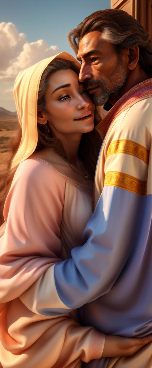 a beautiful anime couple, a tall mature man and a shorter adult woman, wearing casual clothes with long sleeves, smiling happily in love, with windswept hair against a blue sky background, (best quality,4k,8k,highres,masterpiece:1.2),ultra-detailed,(realistic,photorealistic,photo-realistic:1.37),highly detailed face and eyes, intricate clothing folds, vibrant colors, soft lighting, cinematic composition, dramatic pose