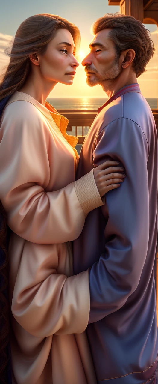 a beautiful anime couple, a tall mature man and a shorter adult woman, wearing casual clothes with long sleeves, smiling happily in love, with windswept hair against a blue sky background, (best quality,4k,8k,highres,masterpiece:1.2),ultra-detailed,(realistic,photorealistic,photo-realistic:1.37),highly detailed face and eyes, intricate clothing folds, vibrant colors, soft lighting, cinematic composition, dramatic pose