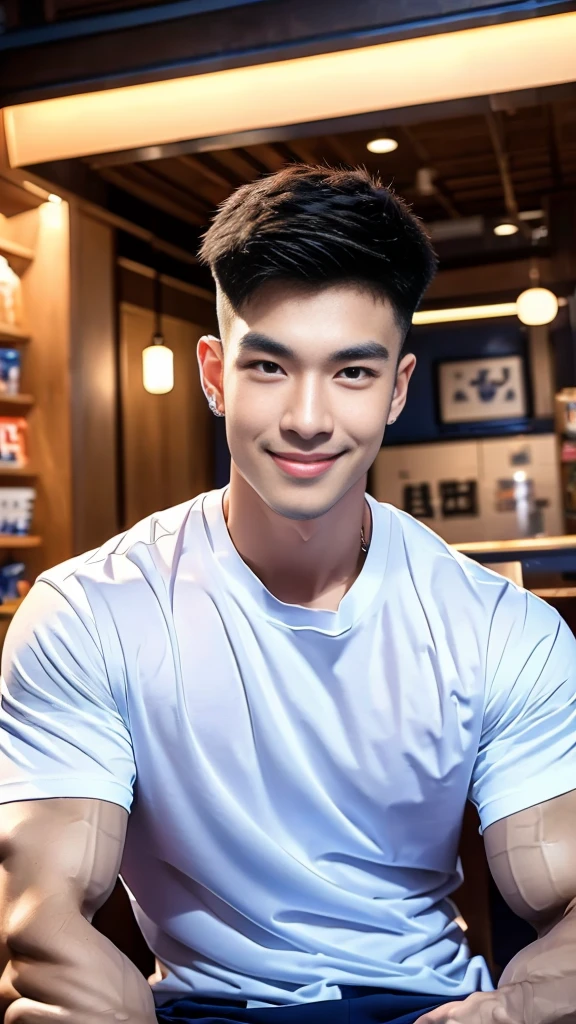 korea male male model sit on the table , big muscles, handsome, cool, smoothly combed hair, pierced ears, wearing a t-shirt navy top, holding a lollipop, portraiture, modeling, dynamic pose, Japanese street, late at night, store lights trade, full half body shot, smile open mouth, fullbody