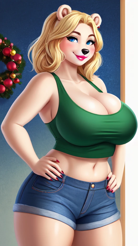 Blonde polar bear woman, wearing a Christmas crop top and jean shorts, perfect face, blue eyes, big breasts, cleavage, three-quarter view, solo, smile, perfect detailed body, pink lipstick, gold earring, hand on hips, blushing