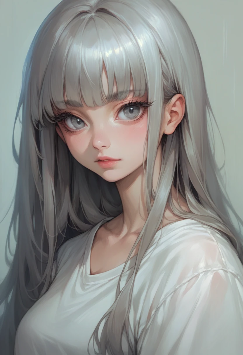 Gray Eyes,beautiful girl, Realistic, Long eyelashes, Heavy bangs,(Eyes Wide Open:1.2), Portrait,Wearing oversized clothes