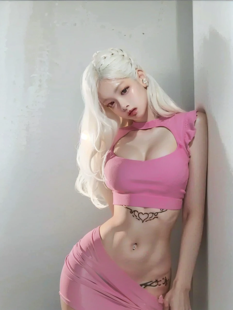 sexy, wavy white hair, deep neckline, small waist, curvilinear, white hair, tattos delicate, pechos grandes, jennie blackpink, face hd