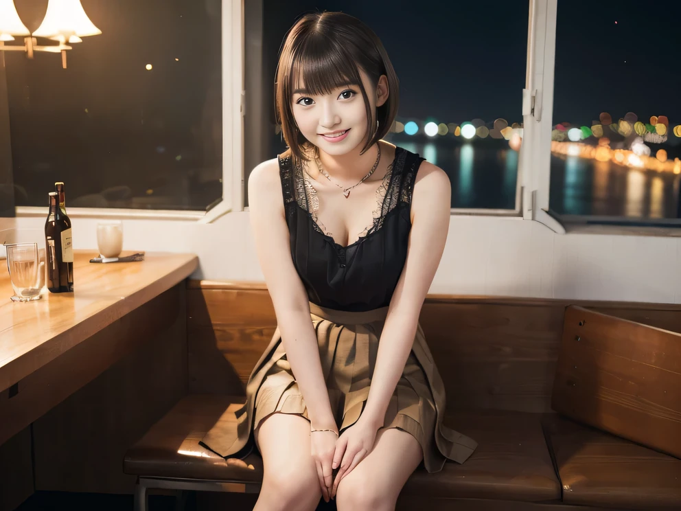 (8K, RAW Photos:1.2), Detailed face and eyes,最high quality, Ultra-high resolution, Very detailed ,Intricate details ,Tabletop ,pretty girl ,Round eyes、 Soft cinematic light, Hyper Detail,Sharp focus, high quality, Brown Hair,((Bobcut))、(Straight bangs)、City of night、Night view、 ((Black Tank Top))、(Black pleated skirt)、”dwarf”、(Full Body Shot)、Waist、(I can see your thighs)、Cowboy Shot、 smile、Floral clothes、Silk clothing、Silk luster、