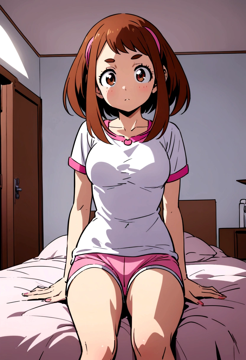 Ochako Uraraka, long hair,Brown hair, naked, doggy style, medium glutes, medium breasts, small nippless, Pussy dripping, smiling face, on the bed, bedroom, front