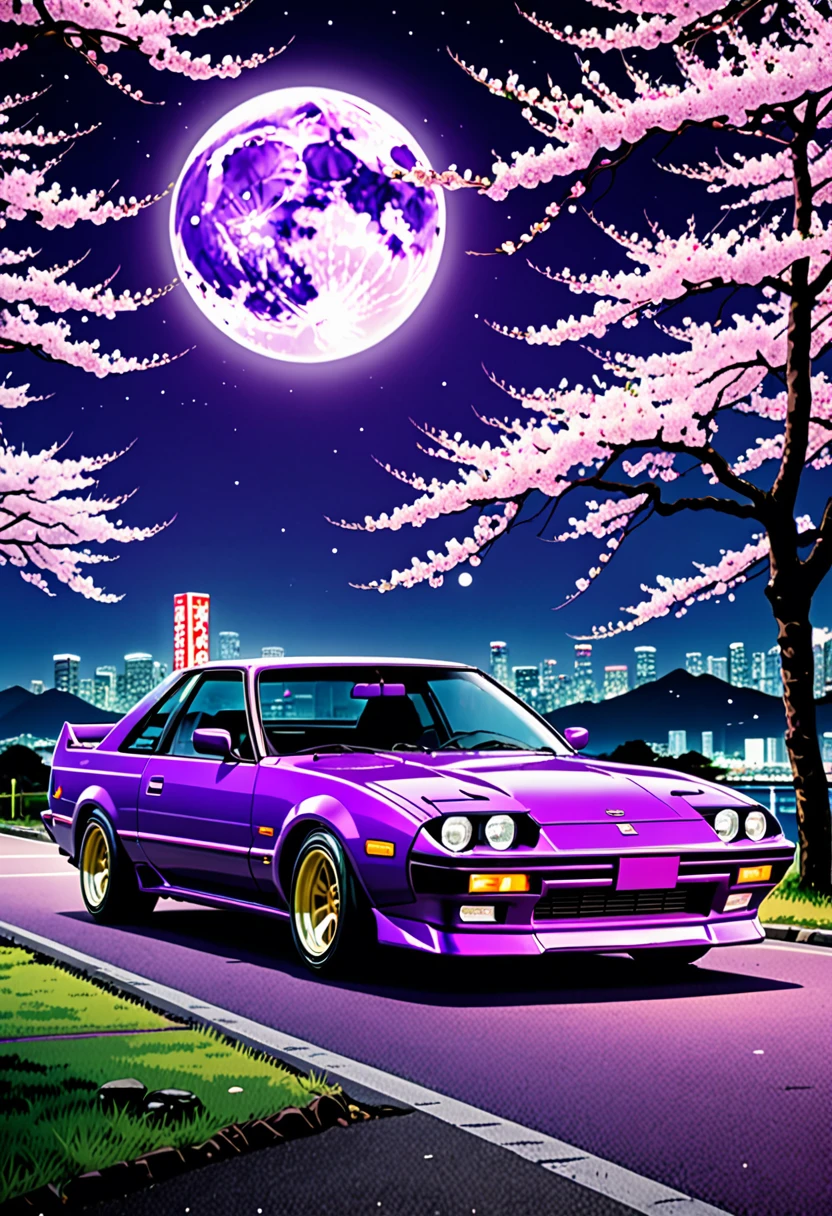 ((masterpiece)), ((Best quality)), ((A high resolution)) ((4K)) ((real photo)) 90s retro poster, with Japanese purple cars, tuning in bosozoku style ((Natural light)) night, big moon, Cherry blossoms, Japanese style inscriptions on the poster , like a magazine cover