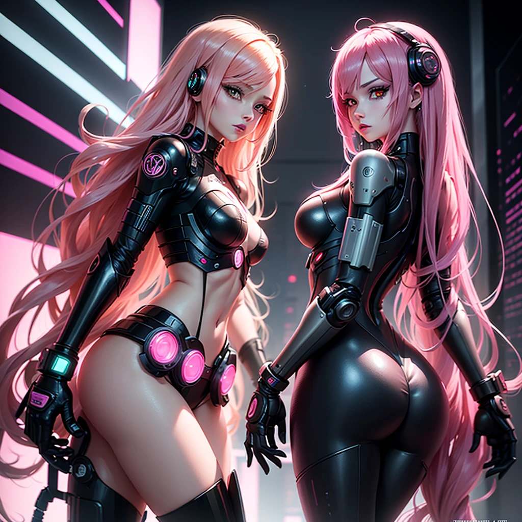 Two sexy Android girls with long pink hair in a pink suit with small yellow elements, the woman is half a cyborg modification Beautiful sexy with bright yellow eyes stands at full height back to back with a half turn sideways Anime Style black background Cyberpunk style, Robot Girl, black background image of night black city and pink neon lights