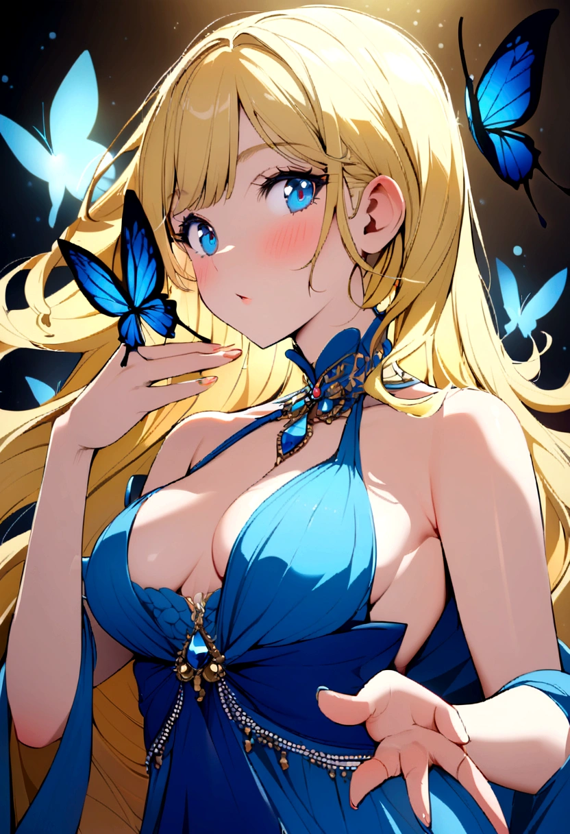 yellow hair , shining blue eyes, blue dress beautiful girl playing butterfly, juicy art
