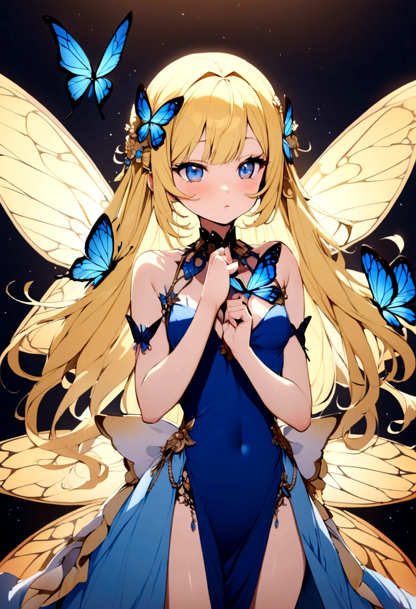 yellow hair , shining blue eyes, blue dress beautiful girl playing butterfly, juicy art