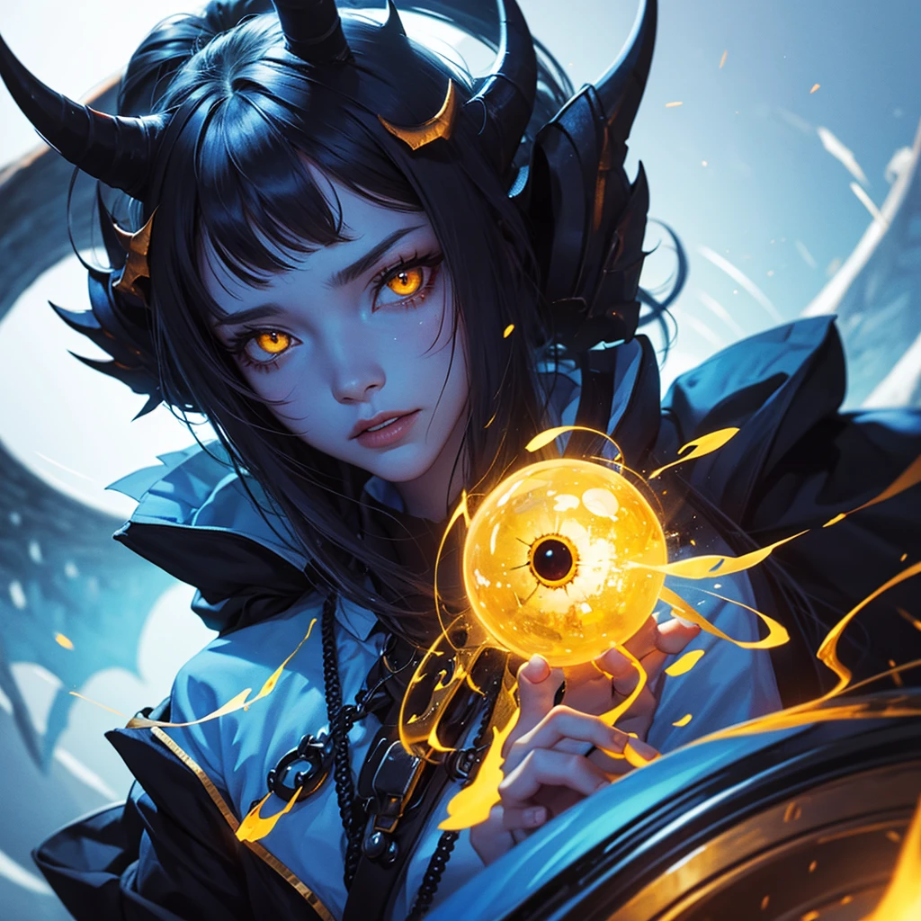 Demon with yellow eyes and blue skin