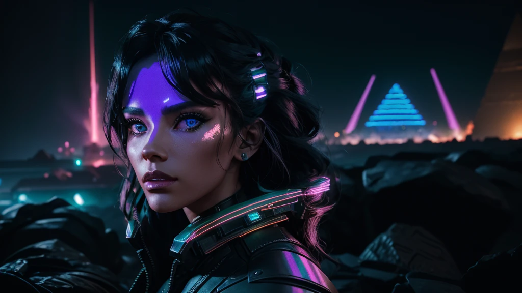 a beautiful sultry female titan cyberpunk, that's glowing in the dark, walking in futuristic ancient city with pyramids in the background, neon colors, high detail, long shot, wide shot, 4K, 3D, REALISTIC, (iridescent glow smoke), UHD, 32K, very bold neon colors, black light, neon light